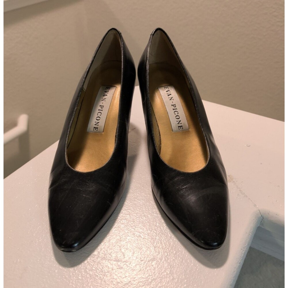 Vintage Evan Picone Heels Black Leather Pumps 7  Made In Italy